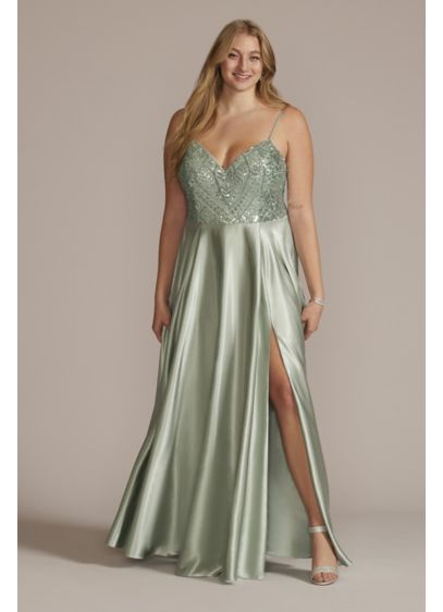 Plus Size Satin Prom Dress with Beaded Bodice - If your plus size prom dress must-have list